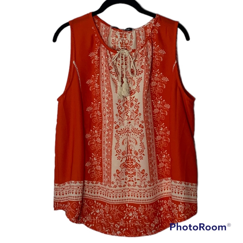 Collective Concepts Orange and Cream Sleeveless Boho Tie-Front Blouse